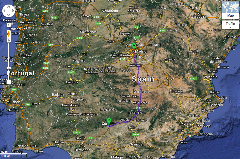 Madrid to Cordoba Map